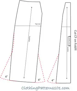 sketch showing how to add flare to a gored skirt to make a trumpet hem