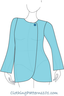 sketch of woman wearing blue jacket with simple bell sleeve