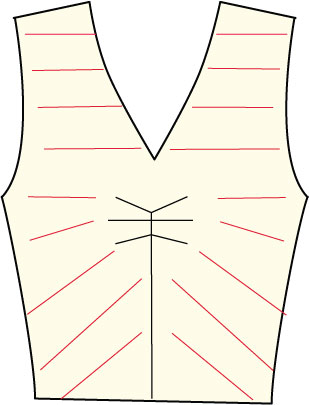 sketch of striped bodice with CF darts, stripes are horizontal above bust