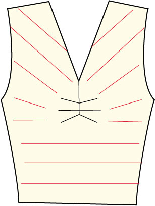 sketch of bodice with horizontal stripes below the bust, and diagonal stripes above the bust.