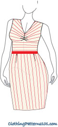 sketch of woman wearing striped dress with center front darts