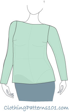 sketch of model wearing green top with boatneck