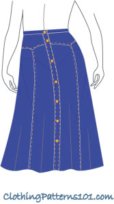 sketch of woman wearing jeans skirt with double pointed waist yoke