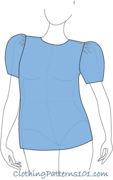 sketch of woman wearing blue top with fullness at the sleeve cap only.