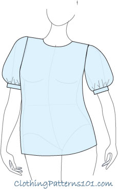 sketch of woman wearing pale blue top with sleeve with simple cap andfullness at the cuff only