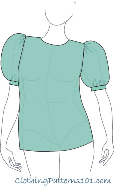 sketch of woman wearing green top with puff sleeves