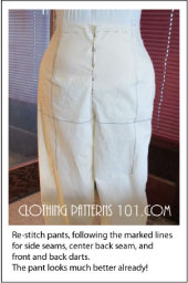 pant mock up, final fitting with marks on muslin