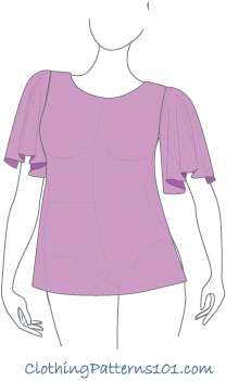 sketch of woman wearing pink top with flowing flutter sleeve