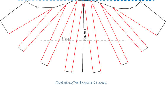 sketch of step 2 in drafting a flutter sleeve - pattern is slashed and spread for fullness