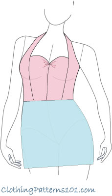 sketch of woman wearing pink halter top and blue skirt