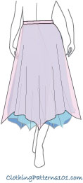 sketch of model wearing handkerchief hem skirt with multiple layers, each a different color sketch of model wearing handkerchief hem skirt with multiple layers, each a different color