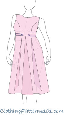 sketch of model wearing pink dress with high waist and pleats