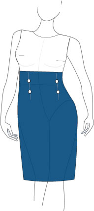 woman wearing sheath dress with white top and navy, high-waisted skirt with buttons
