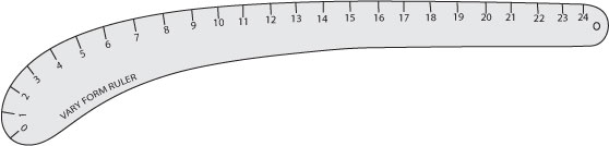 sketch of a curved ruler used for drawing a hip curve on a sewing pattern