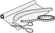 sketch of tools used to make patterns - paper, scissors, ruler