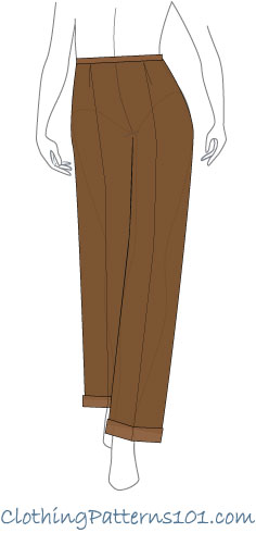 sketch of woman wearing brown pleated pants with a cuff