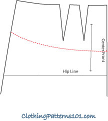 sketch of step 1 in drafting a rounded waist yoke for a skirt or pant