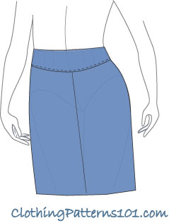 sketch of woman wearing blue slim skirt with rounded waist yoke
