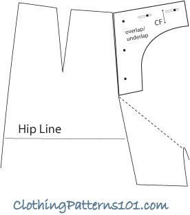 sketch of sailor pant pattern with underlap piece in place