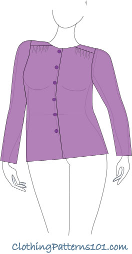 sketch of woman wearing purple blouse with shirring at shoulders
