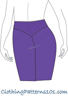 sketch of woman wearing purple pants with V-shaped waist yoke