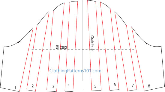 sketch of puff sleeve pattern cut into strips and spread for fullness