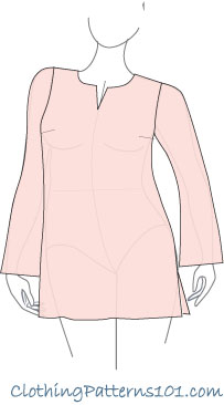 sketch of model wearing peach colored tunic top with notched neckline