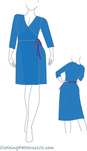 sketch of woman wearing a blue wrap dress. sketch shows front and back of dress